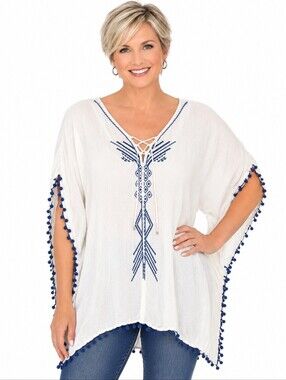 HIGHNESS Womens Peasant Tunic Top 3X White Gauzy Blue Embroidered Caftan Tassel